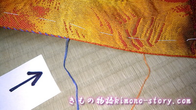 袋名古屋帯修理（直し）の例・青い刺繍糸に続き帯地色の糸で