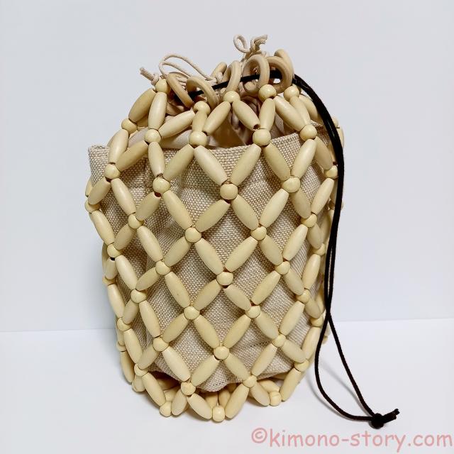 木製ビーズ編み　巾着バッグ